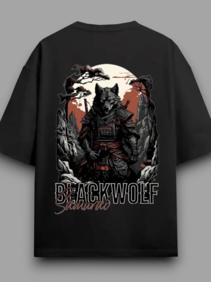 Black Wolf Samurai Printed Oversized Half Sleeve T-shirt for Men